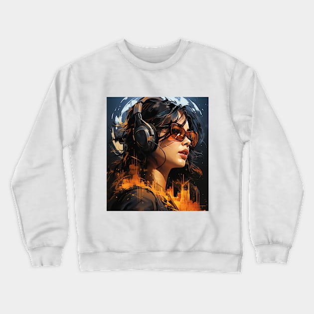 Cyberpunk Girl with Headphones and Glasses Crewneck Sweatshirt by CyberPunkTshirt